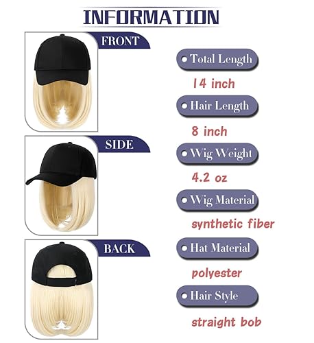 Miniatura 9 de Qlenkay Gorra de béisbol con extensiones de cabello recto, fleco corto, peinado ajustable, extraíble peluca y sombrero ,14 pulgadas para mujer y niña