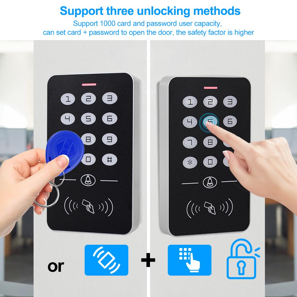 Kit de contrôle d'accès extérieur IP68 étanche avec clavier + housse de pluie + alimentation DC 12 V 3 A + bouton de sortie de porte en acier inoxydable + 10 porte-clés + serrure électrique