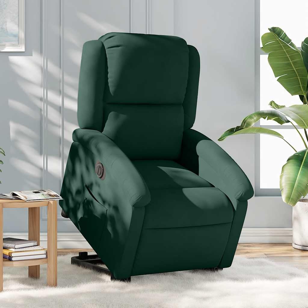 Sillón elevador eléctrico reclinable de terciopelo verde oscuro con función de elevación e inclinación para un asiento cómodo y estable, motor silencioso y marco robusto
