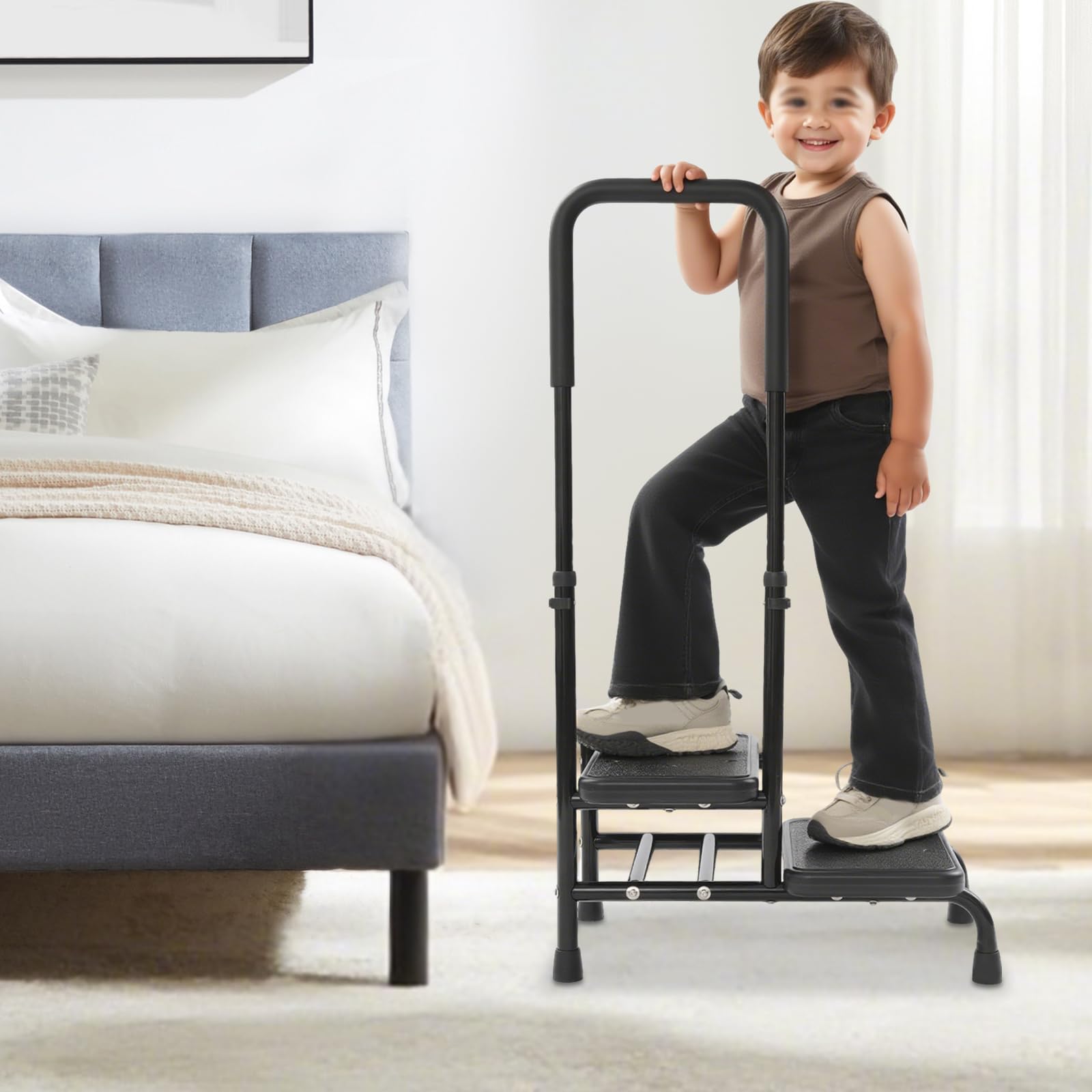 Sgabello con maniglia, 2 livelli, regolabile in altezza, nero | Sgabello a 2 gradini, con corrimano regolabile, portata fino a 135 kg, autoportante, per bagno, letto, cucina e casa