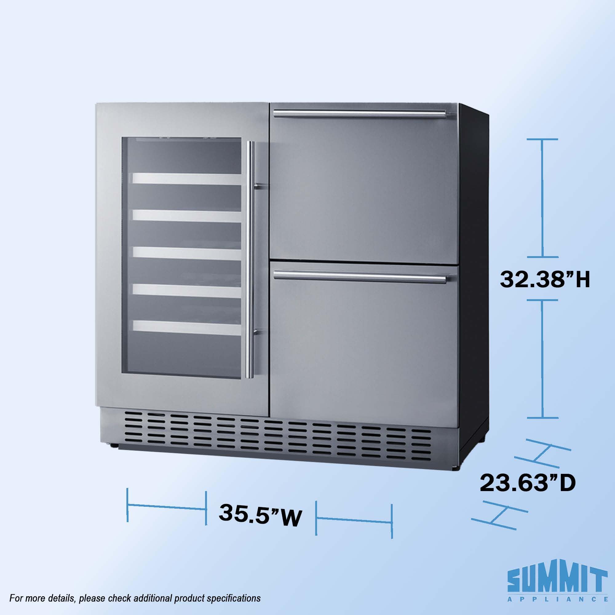 Summit 36” Wine Cellar And Two Drawer Refrigerator Combination, 34 Bottle Capacity, ADA Compliant, Commercial, Built-In, Undercounter, Stainless Steel - Adrwc36 (Stainless Steel) on Fridge.com - View 2