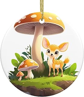 Mushrooms and Fawn Printed Christmas Tree Ceramic Hanging Round Pendant - 2.9 in Exquisite and durable