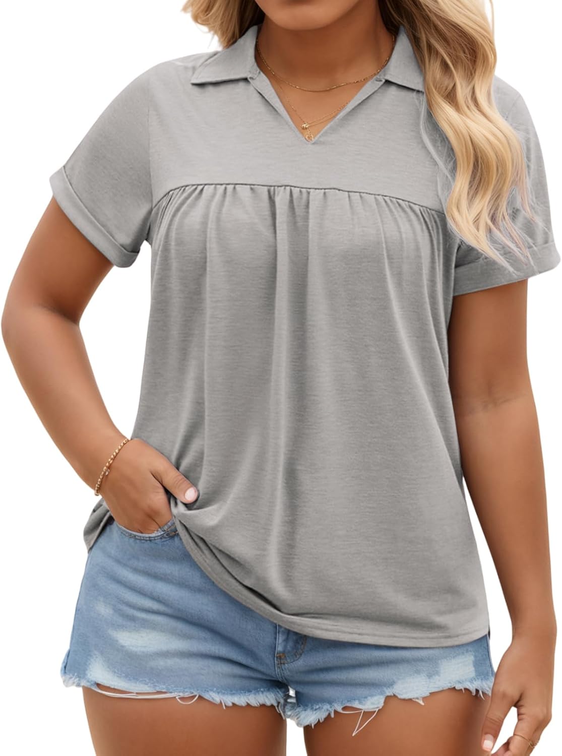VISLILY Womens-Plus-Size-Summer-Tops Collared V Neck Polo Shirts Flowy Pleated Tunics Trendy Roll Short Sleeve Blouses