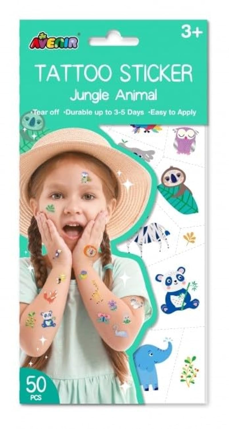 Avenir Tattoo Sticker - Jungle Animal Series | 50pc Set of Temporary Tattoos - Water-Based Ink - Safe and Easy to Apply and Remove - Lasts 3-5 Days for Kids 3+
