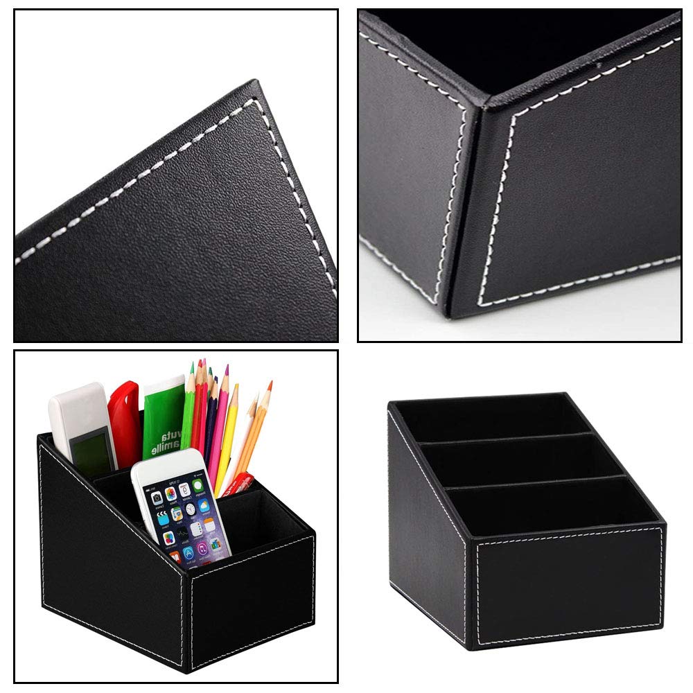 1 Pezzi Organizer da Scrivania Ordinato, Supporto per Telecomando In Pelle PU, Pelle Portaoggetti da Scrivania, 3 Scomparti Pelle Multifunzione Porta Penna per Penne, Matite (Nero)