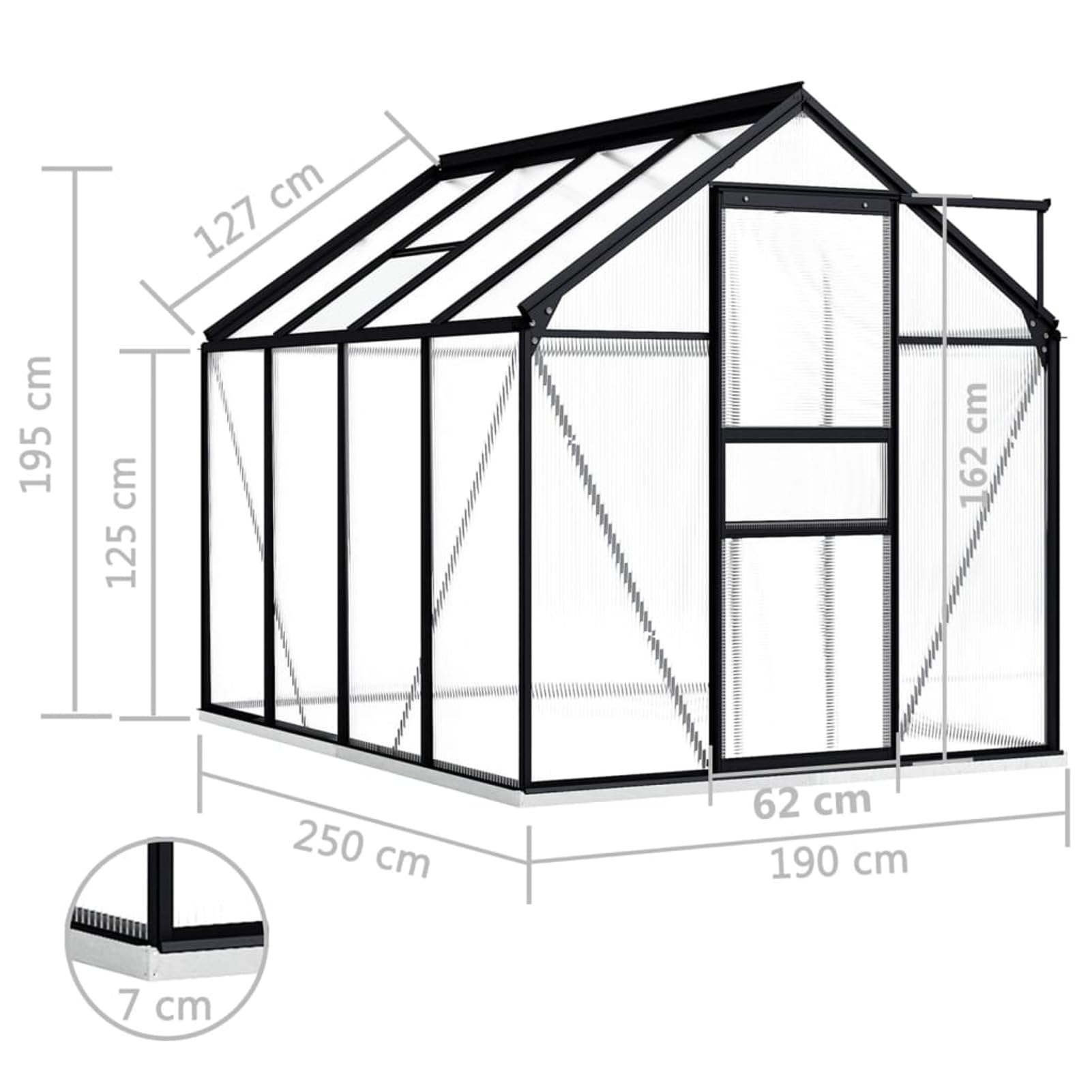 Aluminium-Gewächshaus mit Fundament, Schwarz, 4,75 m², 2 Lüftungsöffnungen, UV-beständig, Glasabdeckung