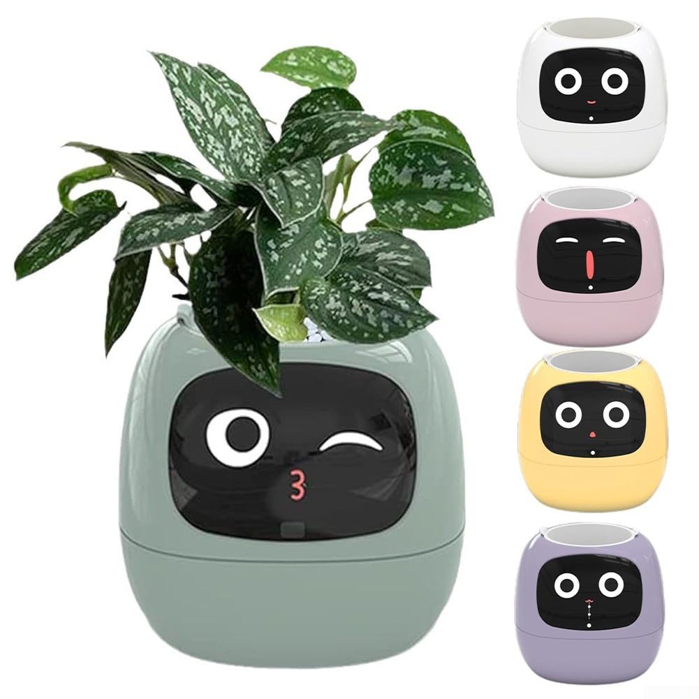Vaso interattivo intelligente con sistema di irrigazione automatico, vaso da fiori robot con sensori ambientali, autoirrigante da giardino per interni per scrivania e decorazione della casa (rosa)