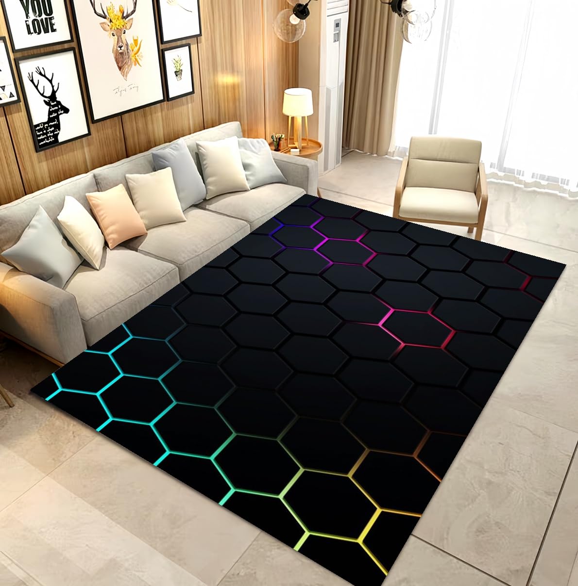 Tapis gamer sol déco chambre ado motif néon hexagone moderne 120x160