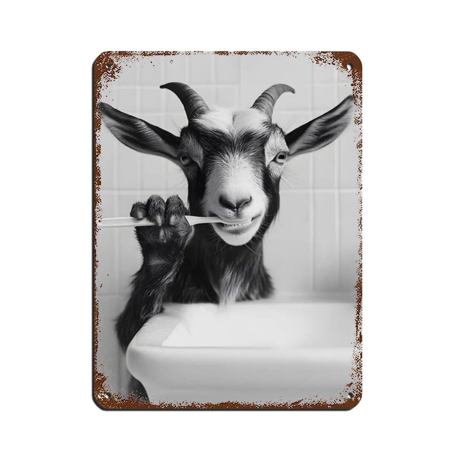 Goat Brushing Teeth, Funny Bathroom Art Tin Sign Vintage Metal Pub Club Cafe Bar Home Wall Art Decoration Poster Retro 12x16inch(30x40cm)
