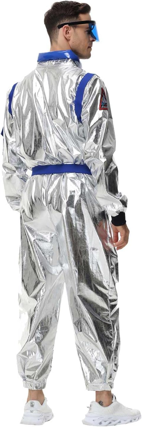 Astronaut Costume Adult Mens Silver Space Suit Astronaut Jumpsuit with Belt Halloween Cosplay Costume