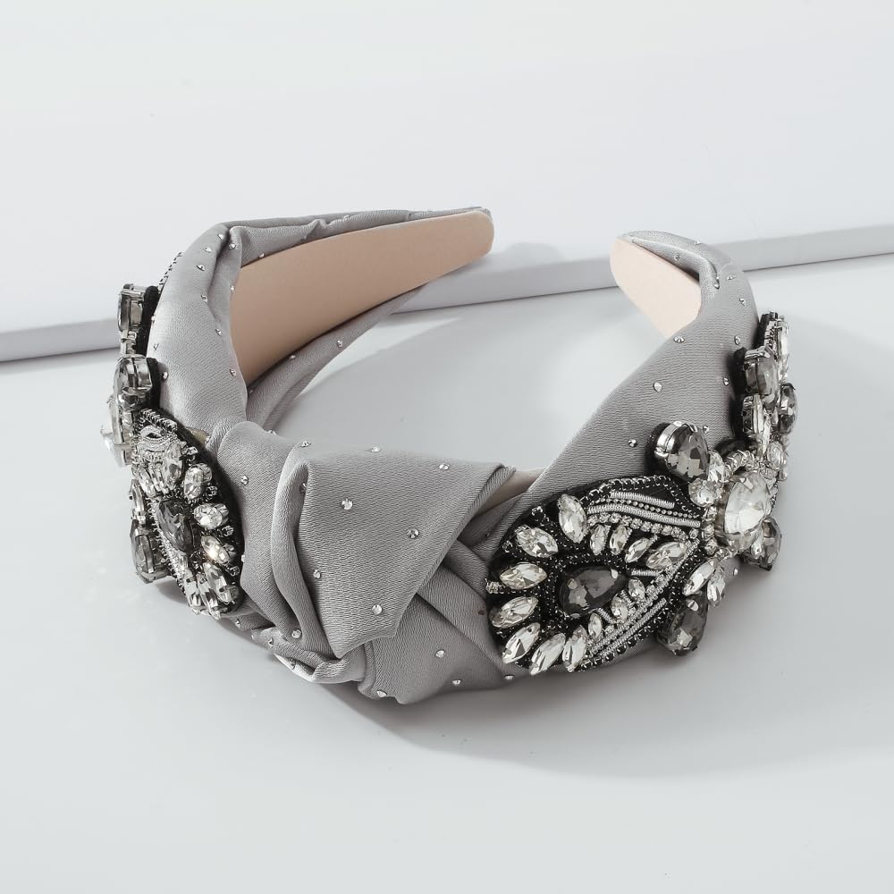 Diadema ancha para el cabello con diamantes de imitación y aro de satén para mujer, color gris