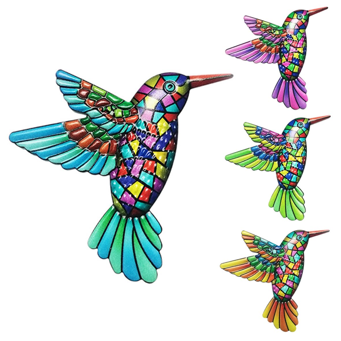 Xoeryoy Metal Hummingbird Wall Art Decor Hanging Hummingbird Sculpture Colorful Bird Ornaments for Fence 4PCS ;1