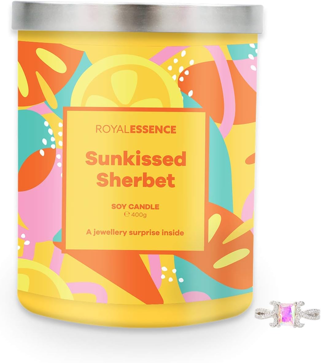 Royal Essence Sunkissed Sherbet Jewellery Candle (Surprise 925 Sterling Silver Jewellery Valued at $50 to $3,000) 90-100 Hours Burn Time, Ring Size 10