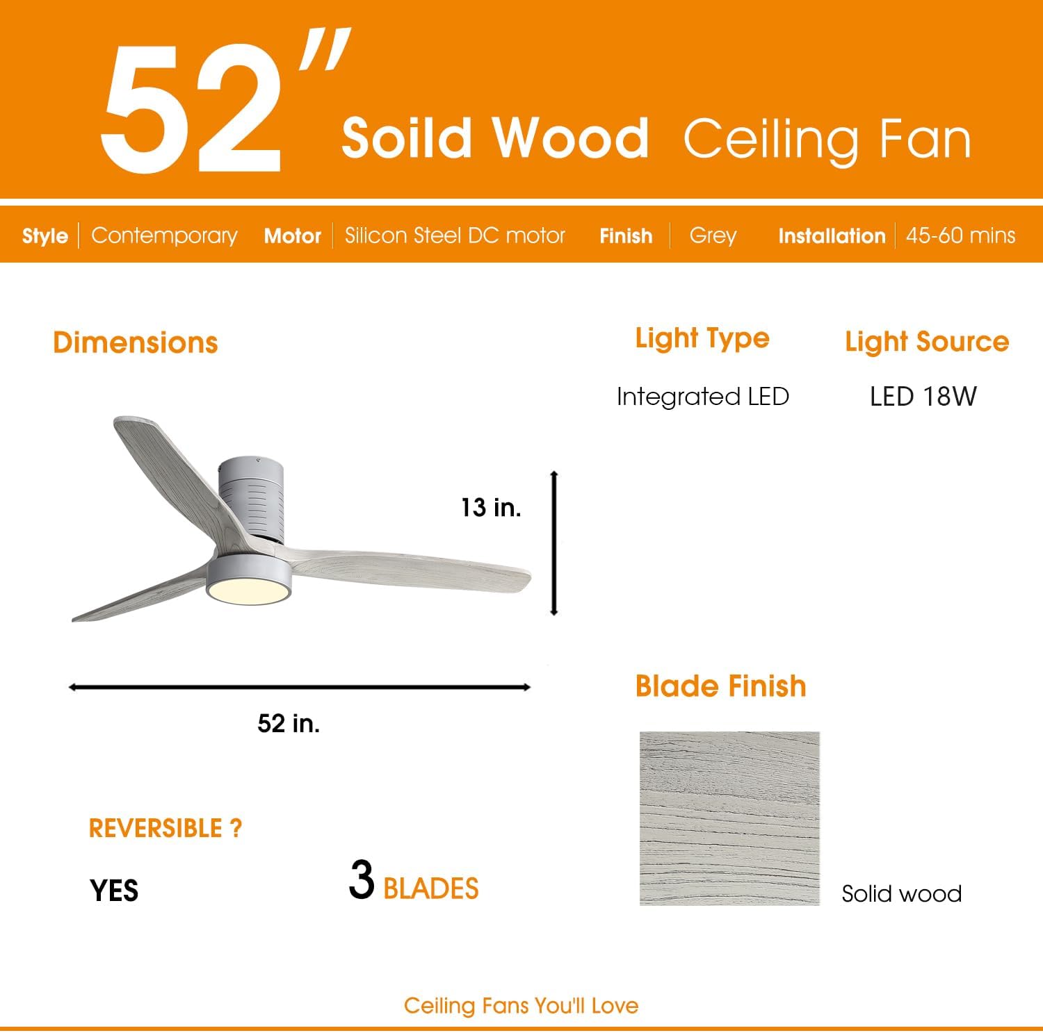 52 Inch 18W LED Ceiling Fan with Dimmable 6 Speed Remote Silver 3 Solid Wood Blade Reversible DC Motor for Living Room