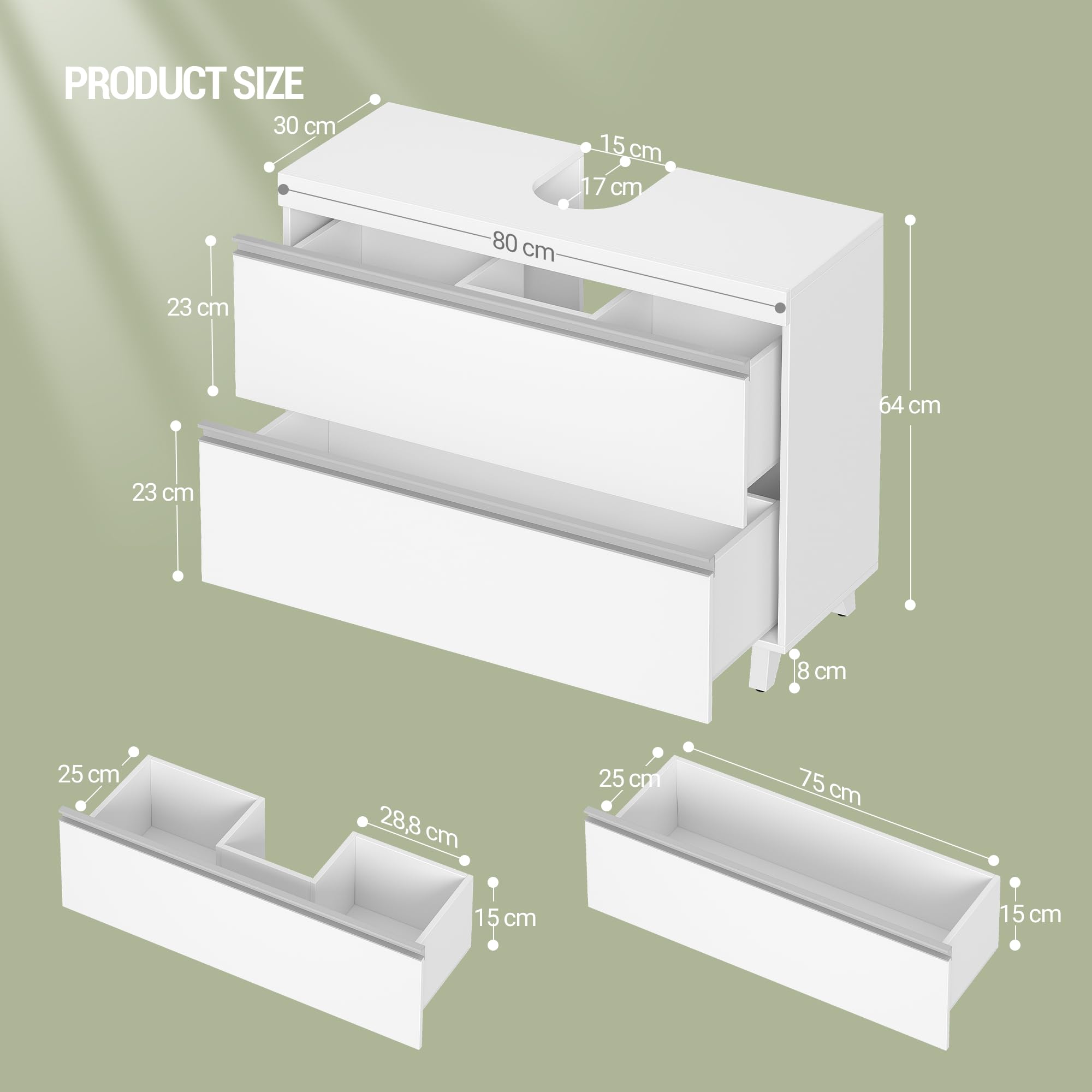Hzuaneri Mueble Bajo Lavabo, Armario de Baño, 3 Cajones, 2 Puertas, con Pies, 30 x 80 x 64 cm, Estilo Moderno, Blanco BC36903X