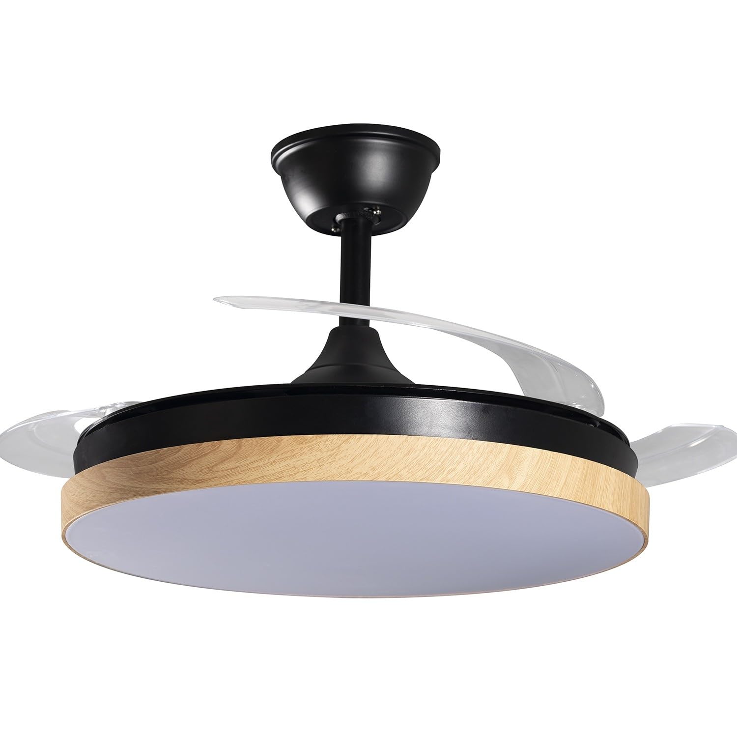 DRW Lampara Ventilador de Techo Negro y Madera con aspas retractiles 3 Colores de Luces y Mando a Distancia Ø106x36-53 cm
