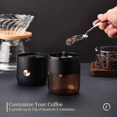 Miniatura 2 de ELMWAY - Molinillo de café eléctrico portátil con rebabas de acero inoxidable y ajuste de grosor interno, compacto para viajes y uso doméstico,