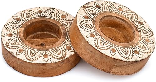 Miniatura 3 de Kimona Portavelas de madera rústica de acacia para velas de té, para bodas, fiestas, cumpleaños, vacaciones (juego de 4) (3.5 x 3.5 x 1 pulgadas)