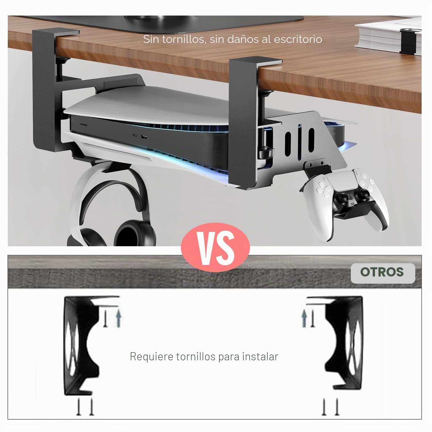 Soporte horizontal ajustable para PS5 con 2 soportes de controlador extraíbles, soporte base PS5 de acero compatible con Playstation 5 Disc y ediciones digitales