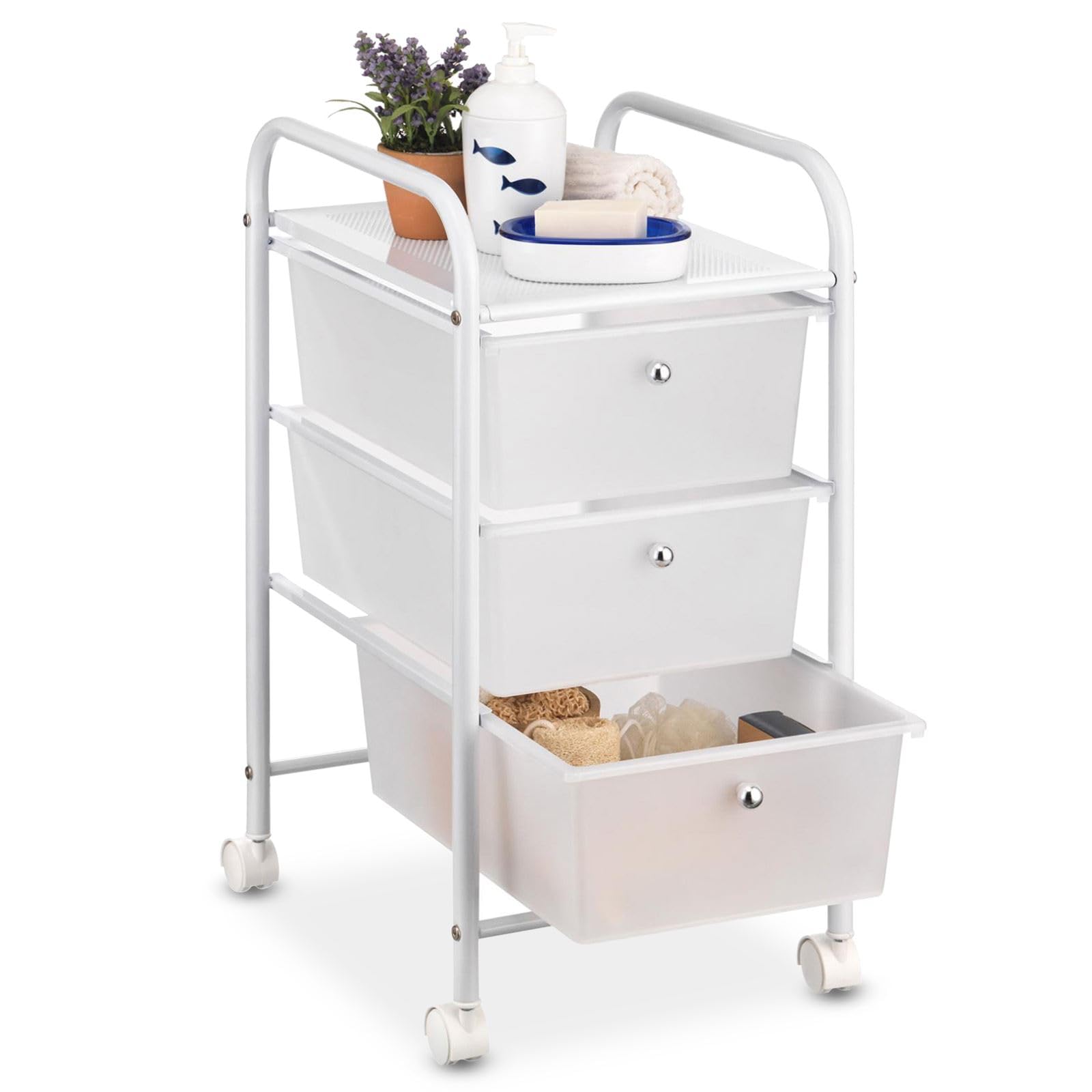 IDIMEX Caisson sur roulettes GINA Chariot avec 3 tiroirs en Plastique Blanc Transparent et 1 étagère, Meuble de Rangement pour Salle de Bain en métal laqué Blanc