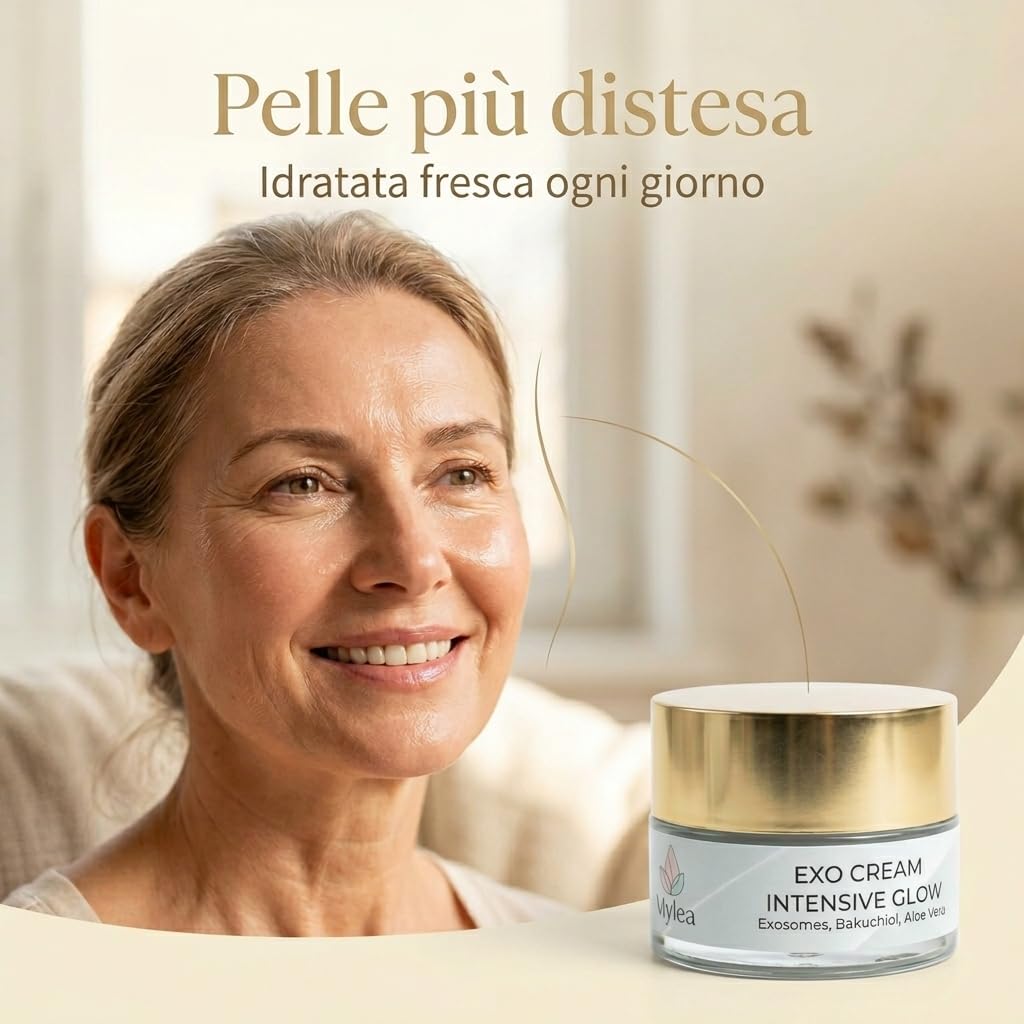 Mylea ExoCream Crema Viso Antirughe Esosomi e Bakuchiol anti age 50ml | Crema idratante antimacchie, texture ricca, riduce rughe e discromie, pelle luminosa e compatta, made in Italy