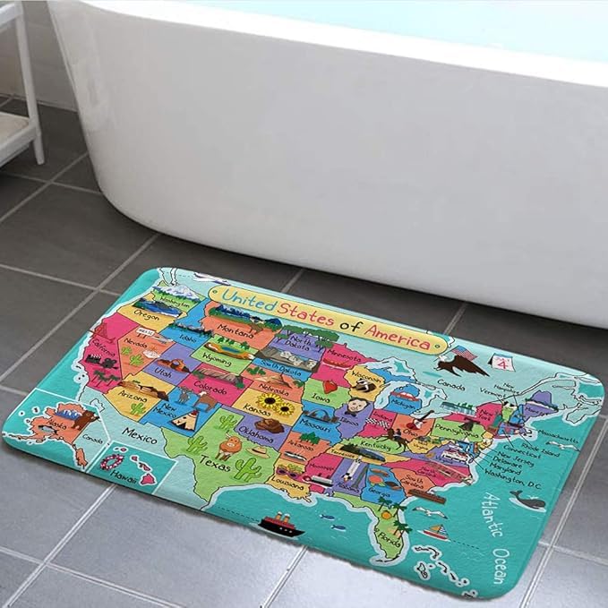 NYMB Kids Map of The United States Bathroom Rug Bath Mat,Cartoon Fun Facts Geography USA Map Kitchen Shower Mat, Cute Fun Map Bedroom Door Mat,