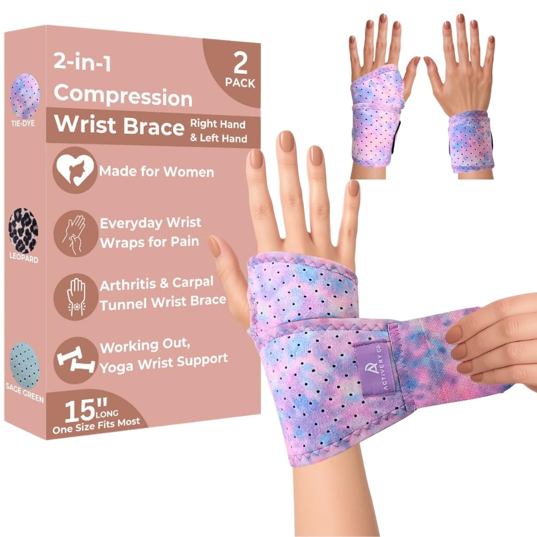 Carpal Tunnel Wrist Brace Left Hand, Right Hand for Women, Day or Night Compression Wrist Support Brace for Fitness, Keyboard Use, or Overnight Support, 2 Pack, Purple Tie Dye Print