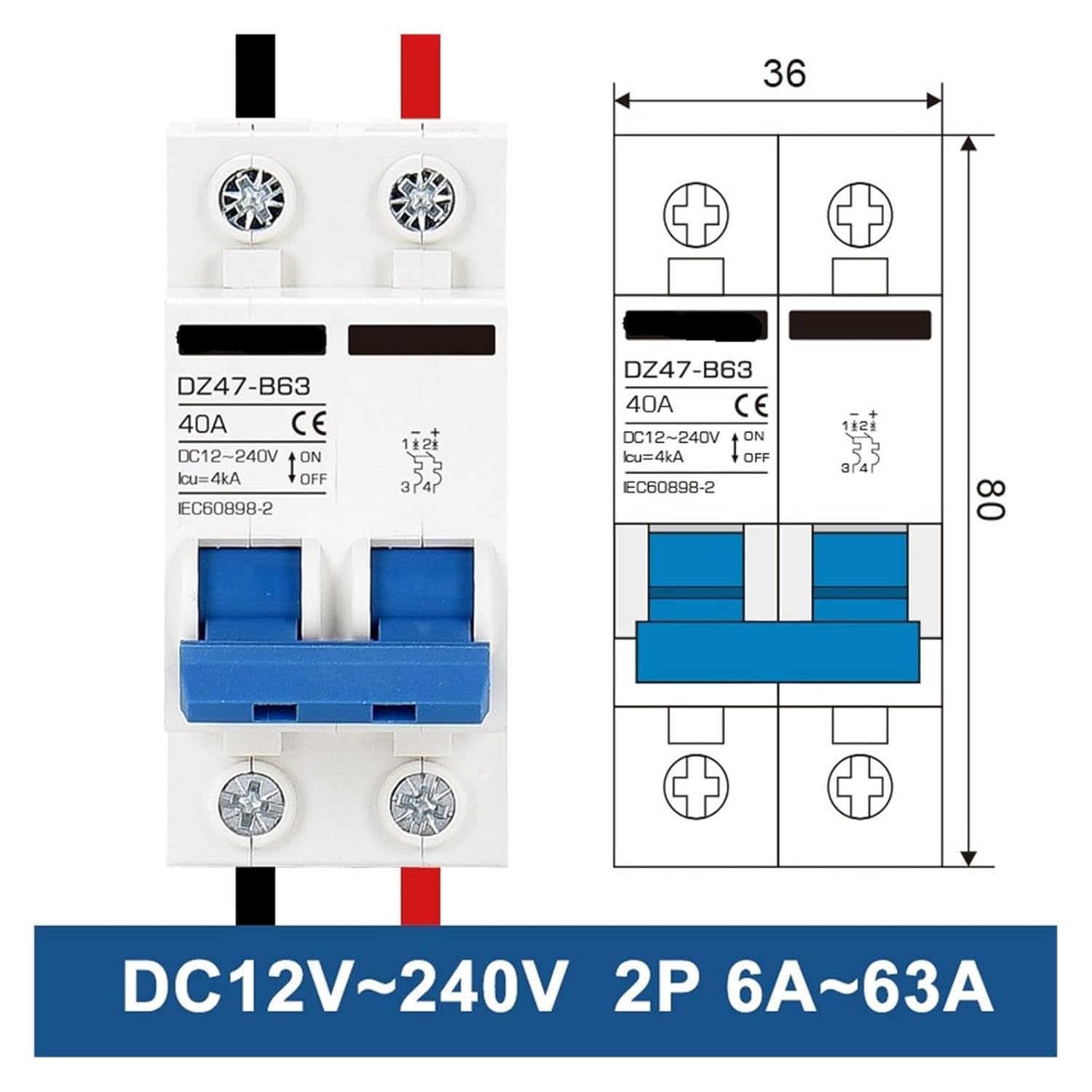 DC 12V 24V 48V 36V 72V MCB Battery Car Protector Mini Circuit Breaker DZ47 Positive and Negative Pole Protection Switch, Accessories