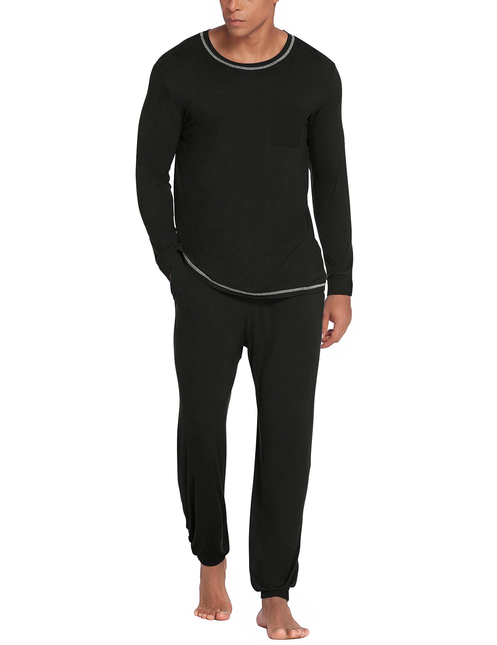 Ekouaer Pyjama heren lange pyjama lange mouwen huispak winter pyjama ronde hals nachtkleding geruit, S-XXL, zwart, M