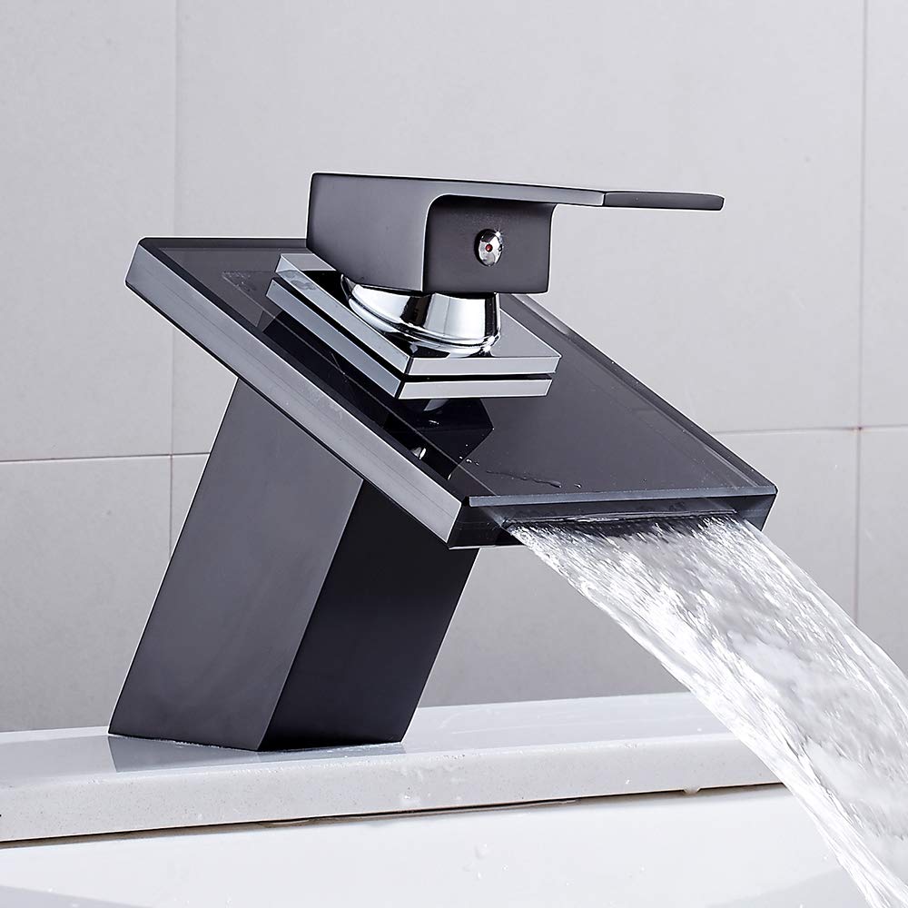 Cascada lavabo fregadero grifo cromado moderno baño palanca grifo vidrio sola manija lavabo grifo negro