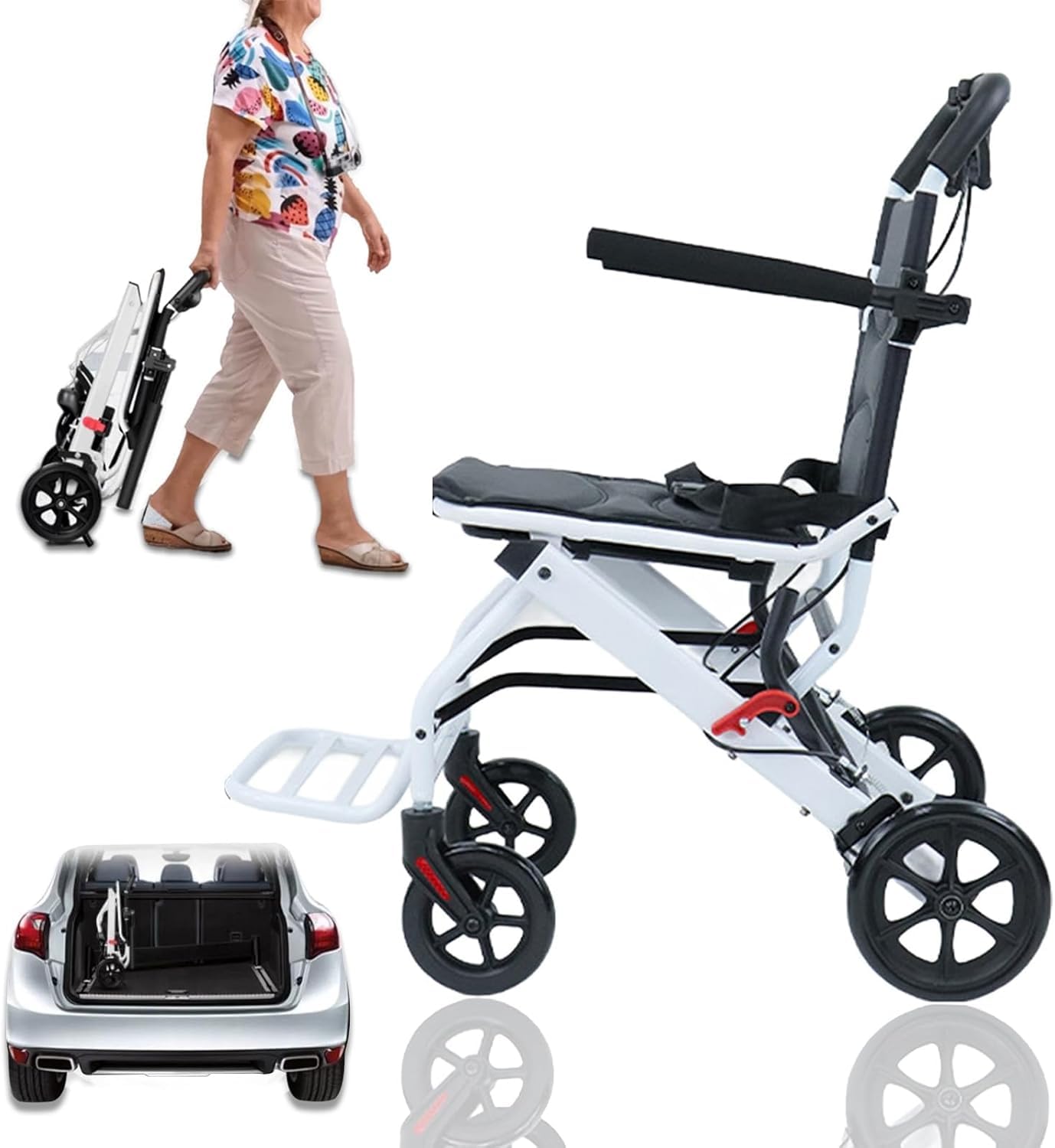 Lightweight Wheelchair, Ultra Light Folding Wheelchair for Adults, 18 lbs Carbon Steel Transport Chair, Supports 200 lbs, 360° Front Wheels, Compact Travel Wheelchairs, Portable (Black and White)
