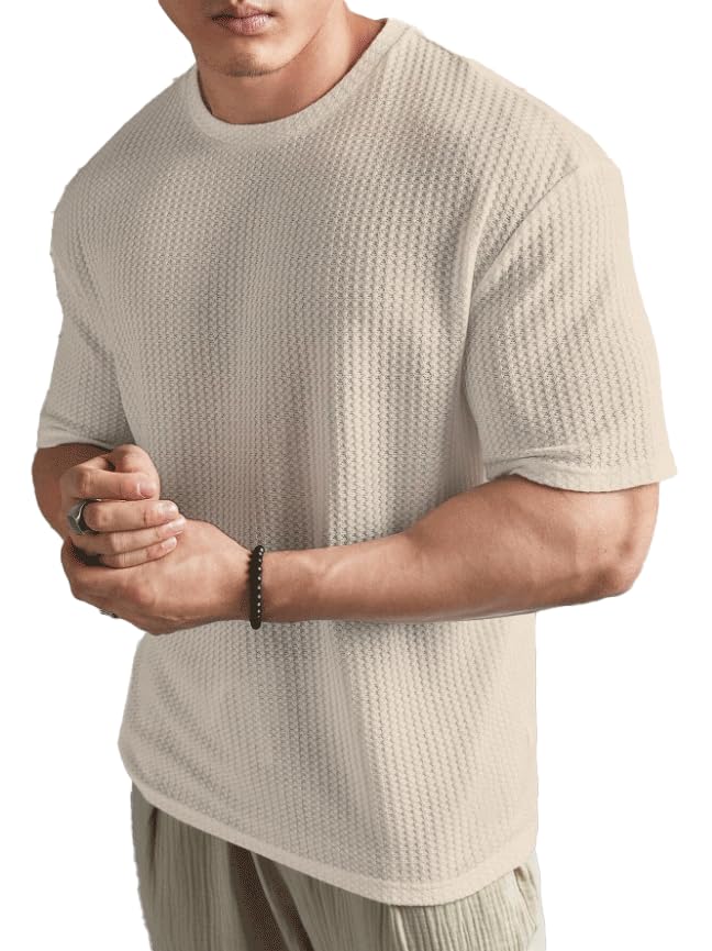 Tokyo Talkies Men Solid Round Neck Polyester Blend Oversized Sleeve Regular & Comfort Fit T-Shirt for Men's in neutral