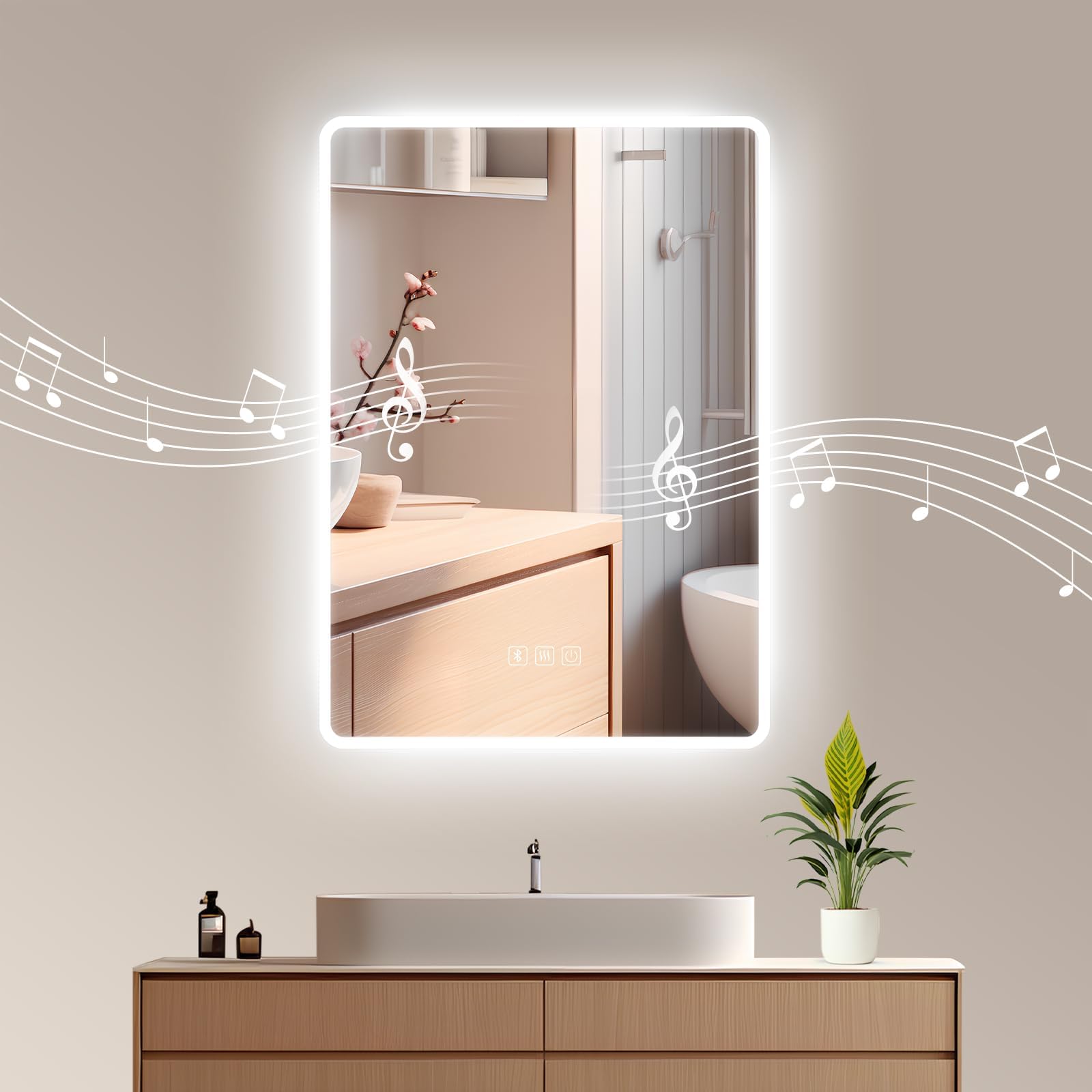 Habison Espejo de baño 50x70cm con iluminación, Espejo de baño LED con Bluetooth, Espejo de baño antivaho Espejo de Pared con Interruptor táctil, Temperatura de 3 Colores, Brillo Ajustable