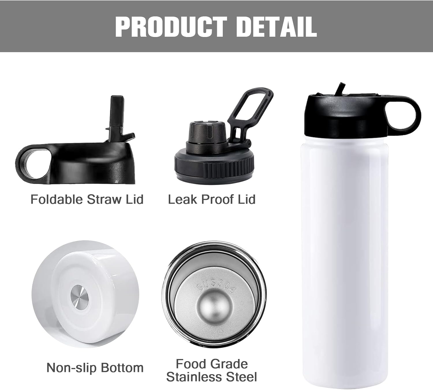 BetterSub 20oz Sublimation Sports Water Bottle Bulk - Stainless Steel Insulated White Tumbler with Wide Mouth Flip Lid & Straw, 6 Packs Sublimation Tumbler Blanks for Custom Design (20oz White)