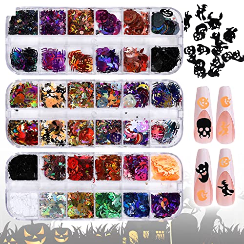 Sibba Halloween Nail Art Glitter Sequins 3D Holographic Skull Spider Pumpkin Bat Ghost Witch Halloween Confetti Glitter for DIY Nail Art Halloween Party Resin Crafting(3 Boxes)