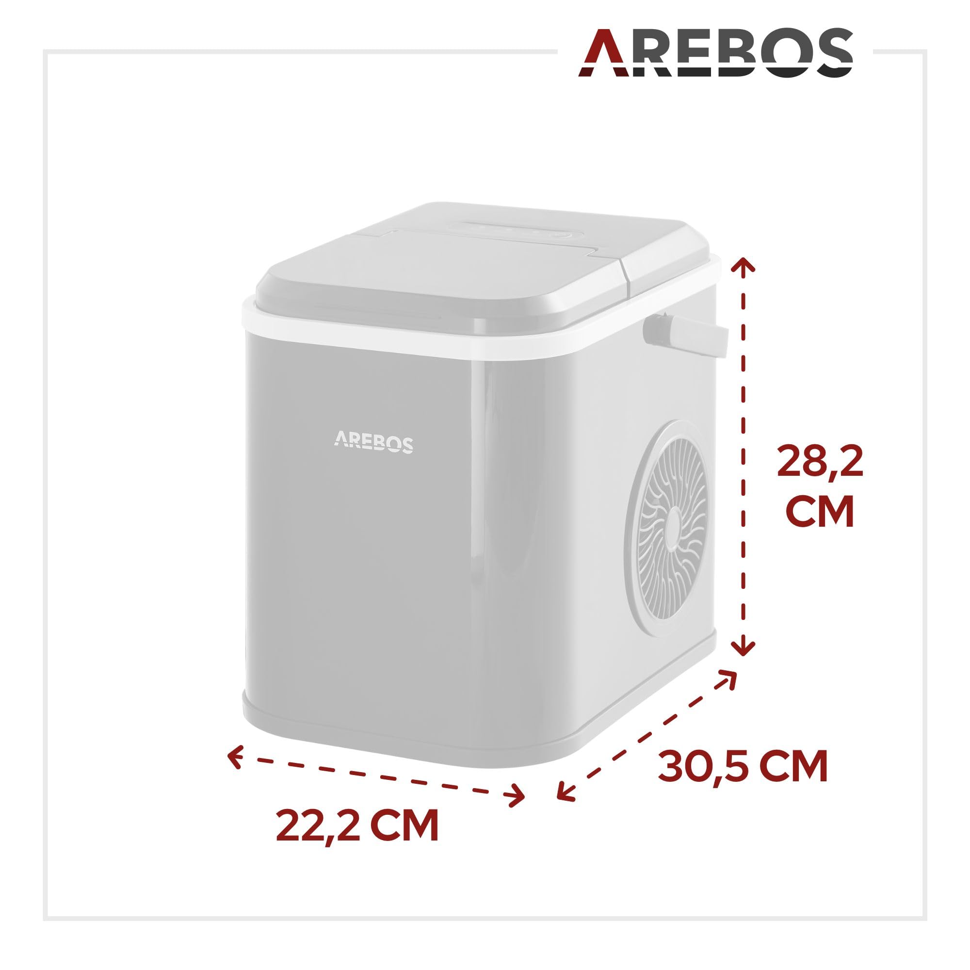 Arebos Machine à glaçons | Ice Cube Maker | 12 kg / 24 h | 10-15 minutes de production | Réservoir d'eau de 1,1 litre | Machine à glaçons | Silencieuse | Fonction autonettoyante | Noir