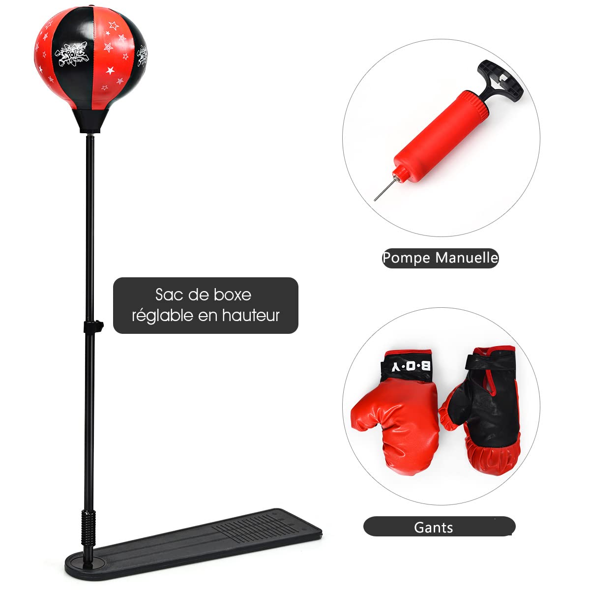 GYMAX Punching Ball pour Enfants 85-130cm Réglable en Hauteur, Sac de Frappe sur Pied avec Gants de Boxe & Pompe à Main