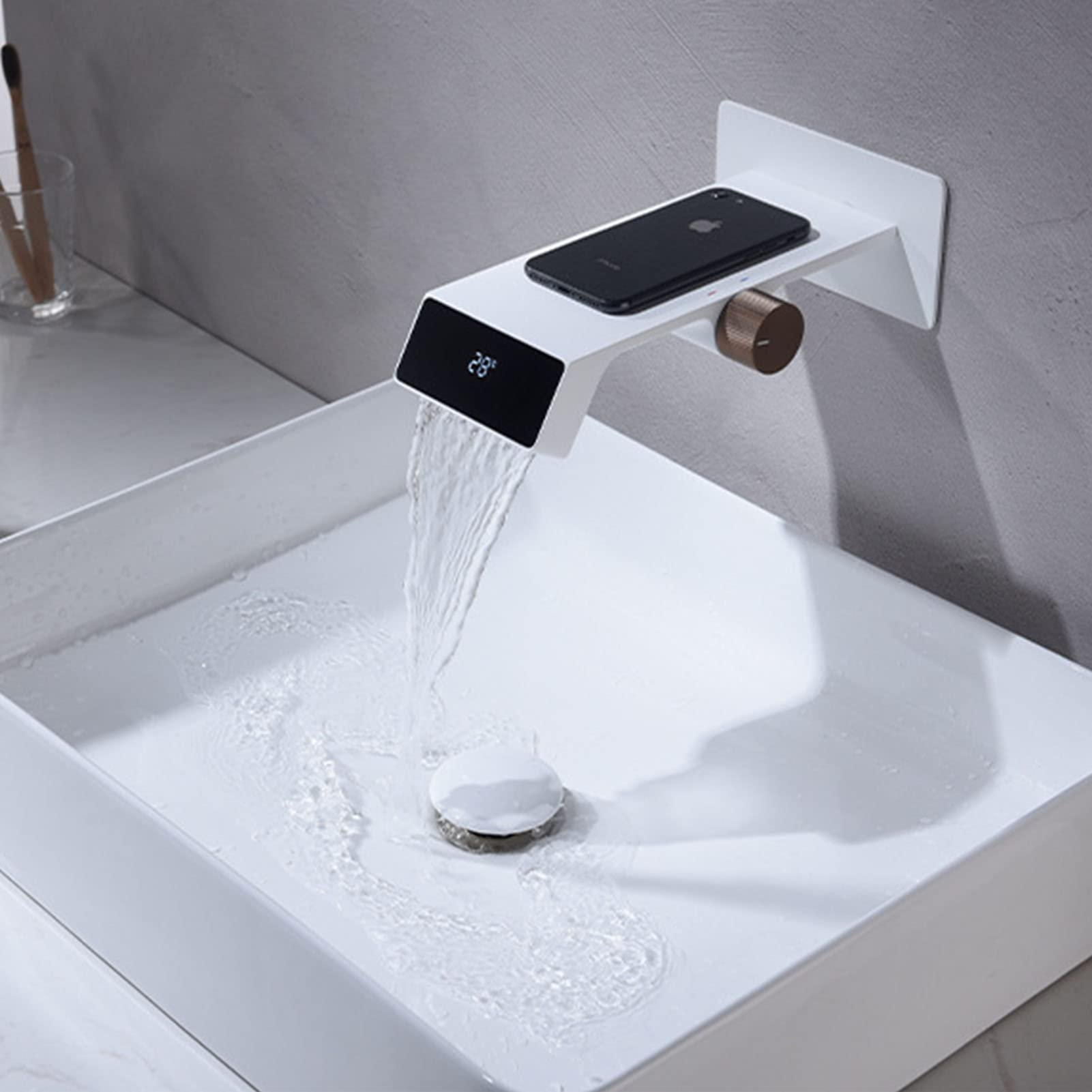 Grifo de baño en Cascada con Pantalla de Temperatura, Grifo de baño montado en la Pared, Grifo Mezclador de Lavabo de una Sola manija Moderno, Grifo de Lavabo de baño de latón, Blanco