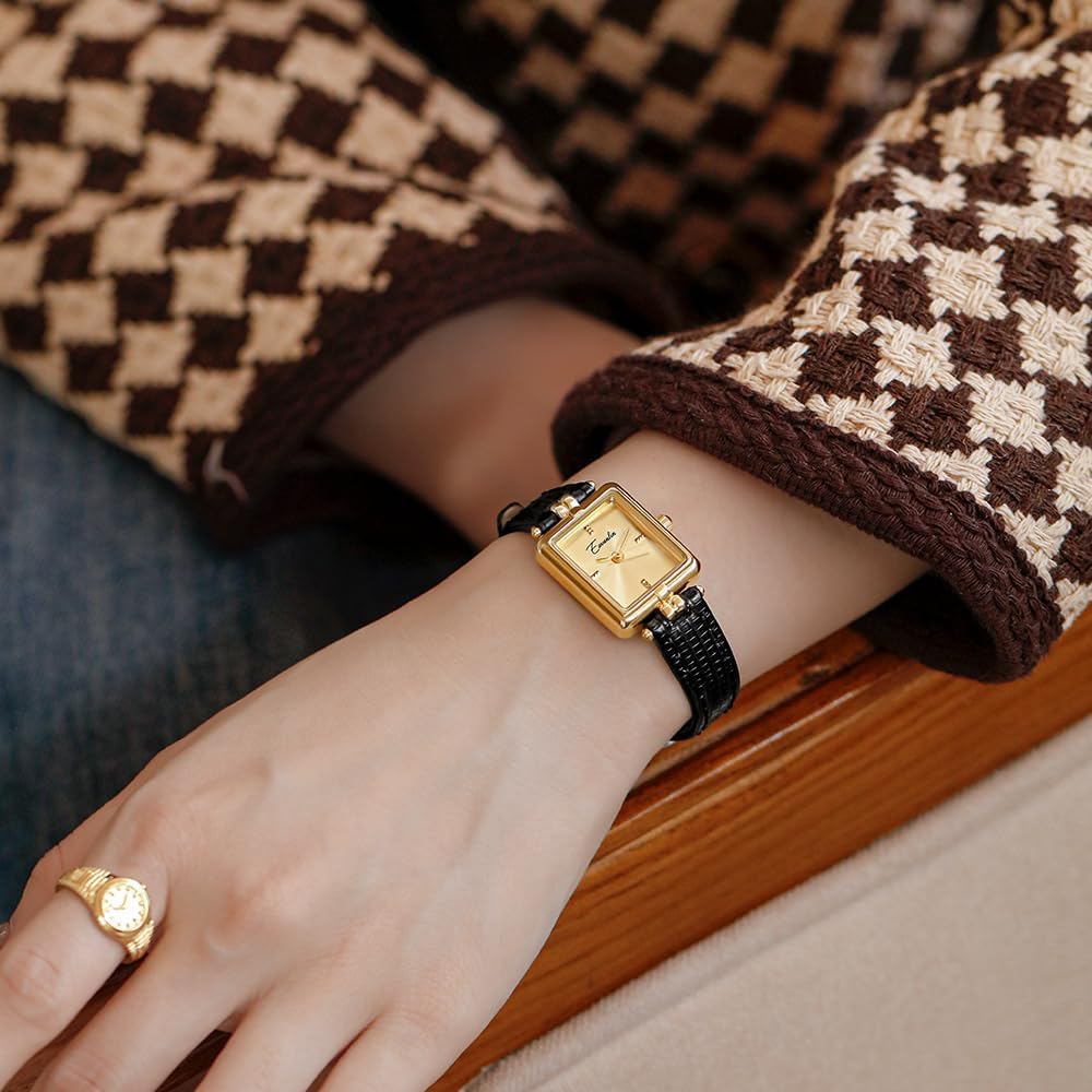 CARLIEN Womens Fashion Gold Vintage Rectangular Quartz Watch Leather Band Waterproof Simple Dainty Casual Ladies Wristwatch Black Brown