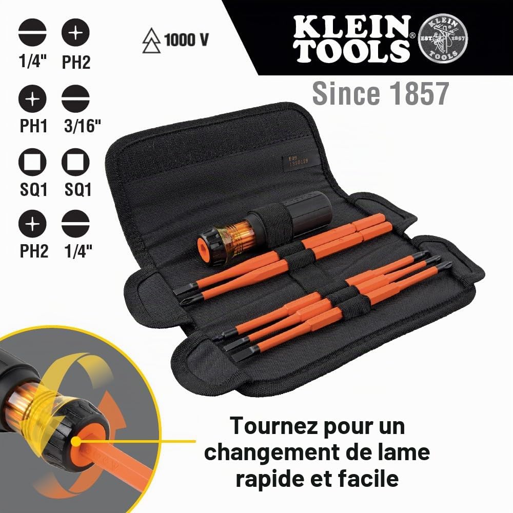 Klein Tools 32288 Tournevis isolé 8 en 1 avec lames interchangeables, 3 Phillips, 3 fentes et 2 pointes carrées, noir/orange