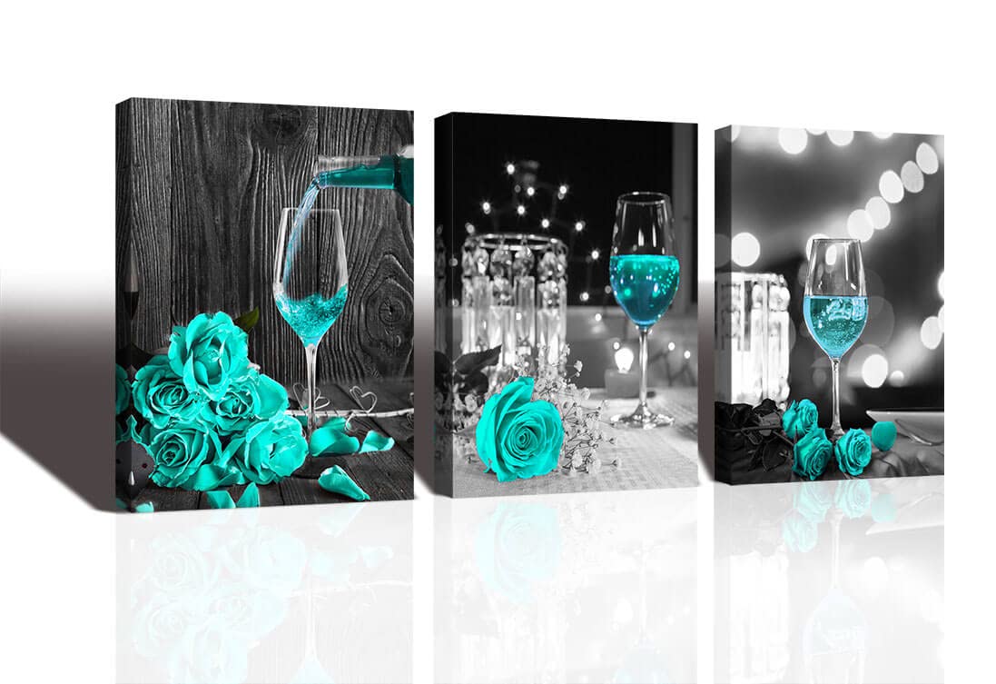 gubodasol Kitchen Wall Art,Wine Decor for Kitchen Decorations, Wall Black and White Wall Art Modern Turquoise Wall Decor Rose Romantic Dining Room Wall Decorations Artwork for Home Walls Stretched