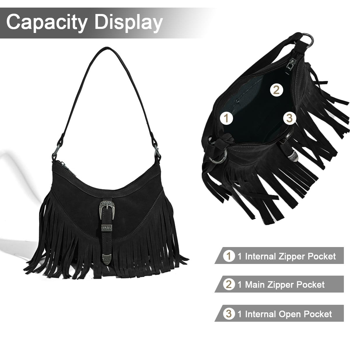 Sunwel Fashion Women Western Small Fringe Underarm Purse Shoulder Bag Vegan Suede Hippie Crossbody Bag with Tassel (black)