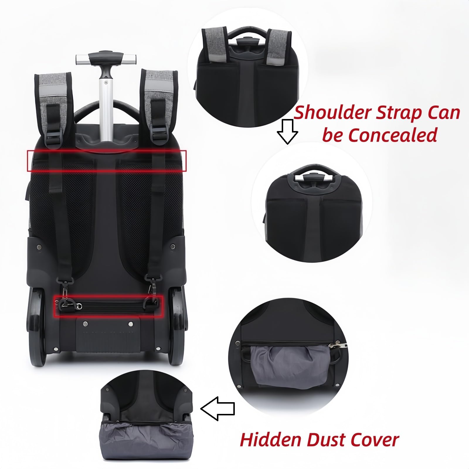 Mochila con Ruedas, Mochilas de Viaje con Ruedas para Portatil 15.6 Pulgadas para Trabajo Universidad Negocio Uso Diario, Gris