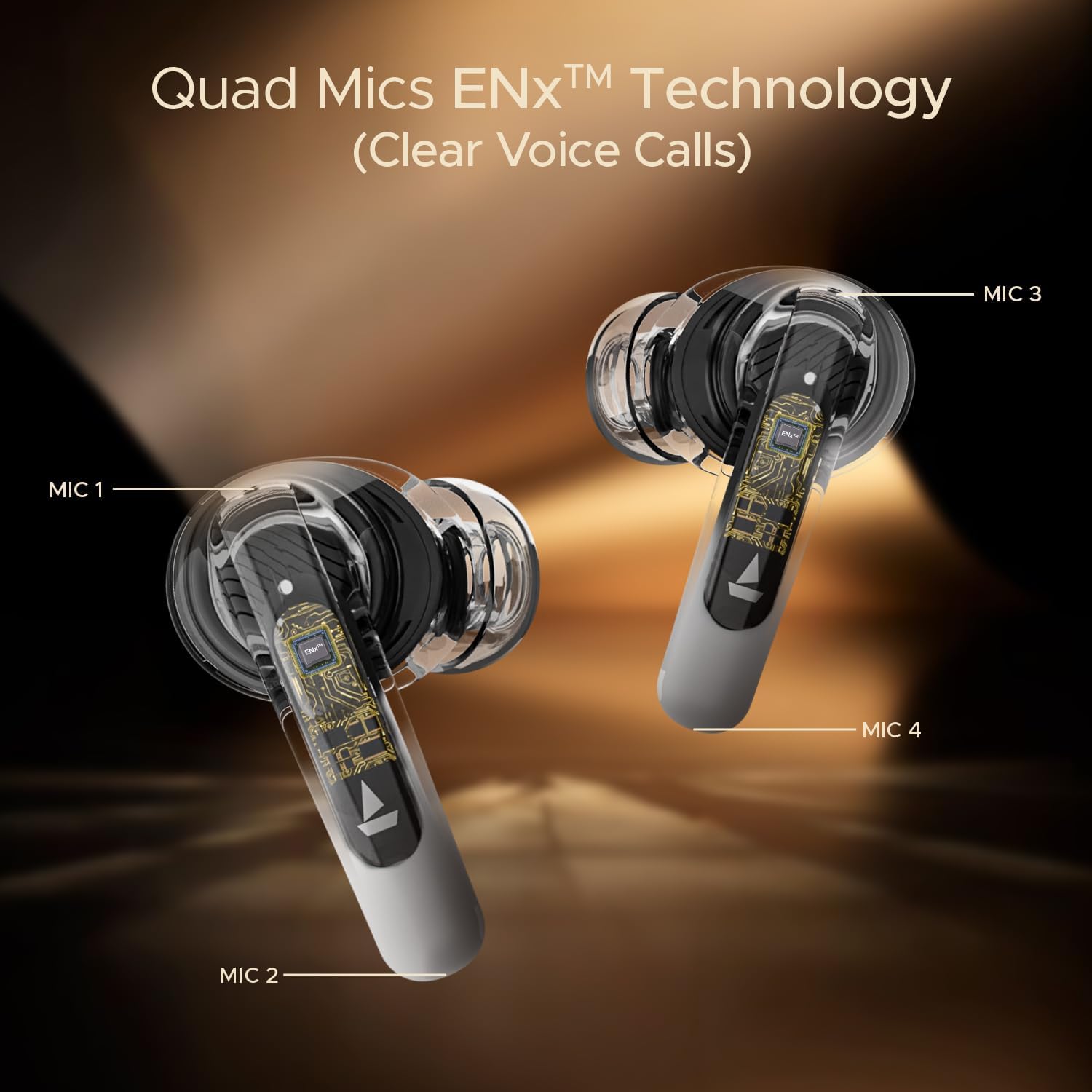 Diagram showing Quad Mics with ENx™ Technology on Airdopes 141 ANC earbuds