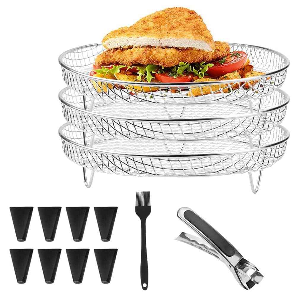 RANJOVER Air Fryer Rack Round 3 Layer Stackable Dehydrator Racks Silver & Black Air Fryer Accessories