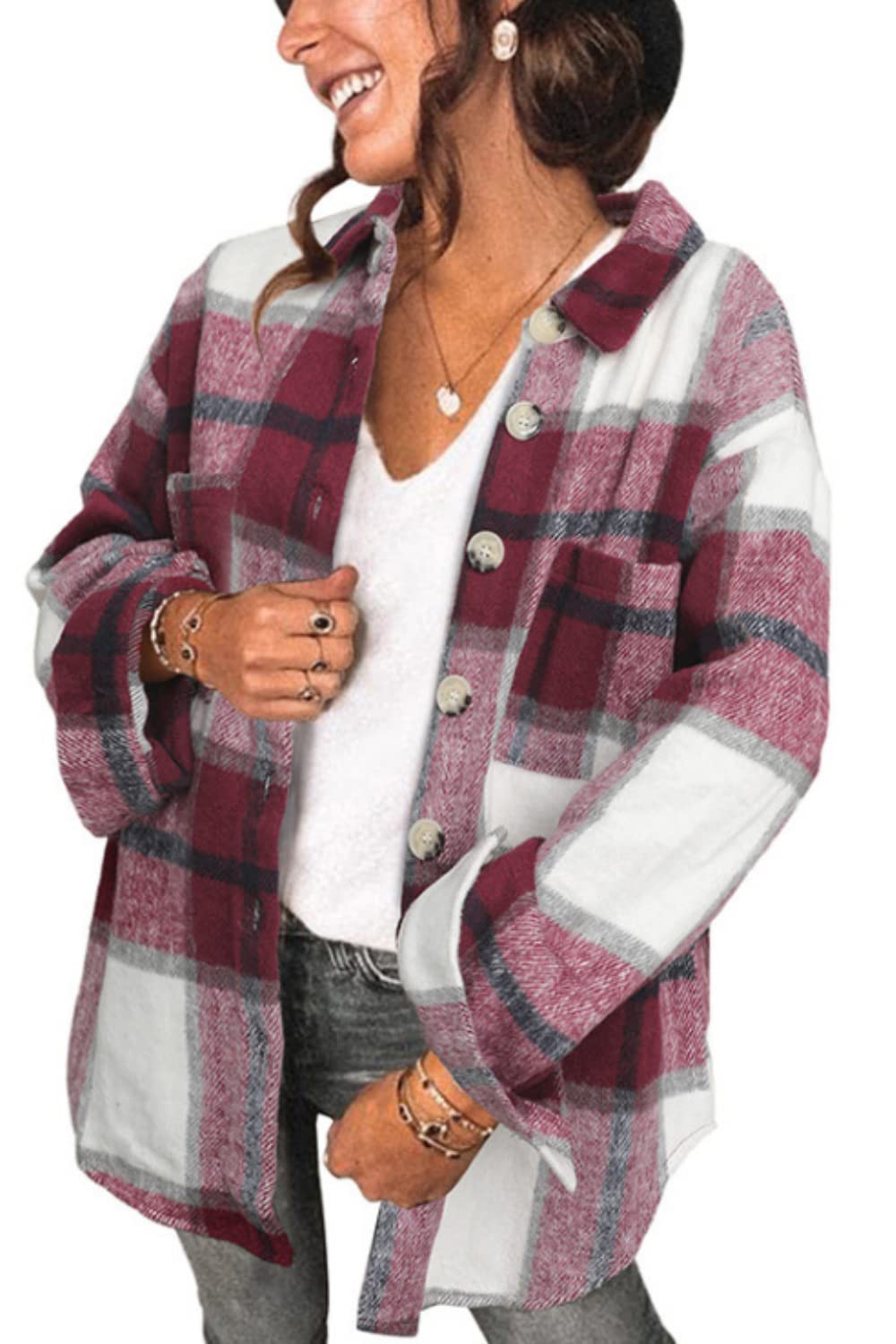 Blansdi Women’s Casual Plaid Flannel Shacket Jacket Oversized Button Down Long Sleeve Fall Shirt Jacket Coat Tops