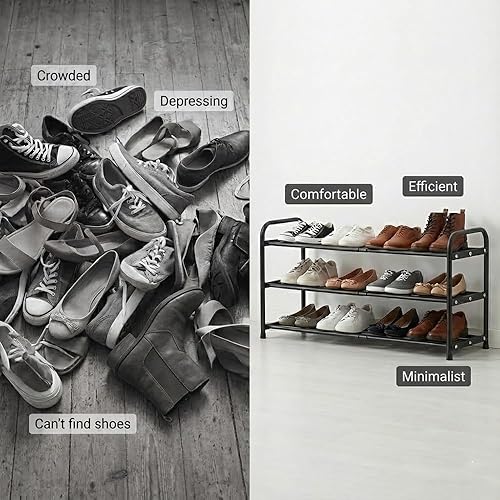 Miniatura 6 de Zapatero expandible de 3 niveles, estante de zapatos de metal ultra delgado de 9.4 pulgadas para entrada y armario, longitud ajustable de 17.3 a