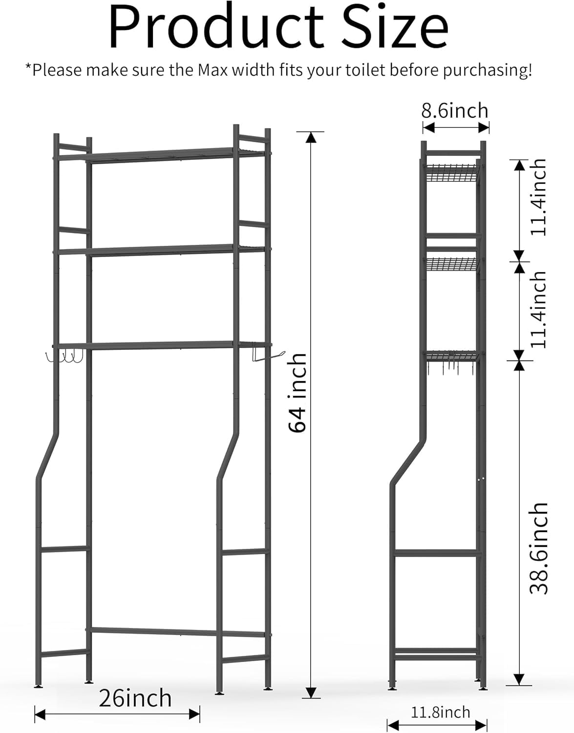 GloTika 3-Tier über die Toilette Lagerung, Platzsparer Metall Badezimmer Regale, freistehend über die Toilette Lagerung Regal mit 4 Haken für Badezimmer, schwarz