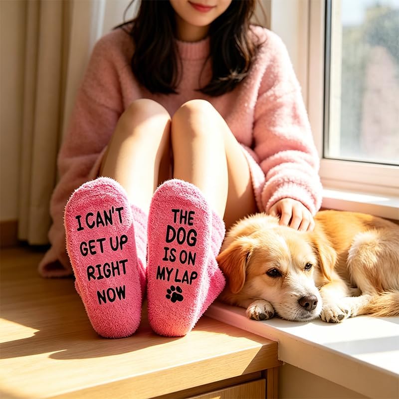 3 Pairs Funny Pet Lover Fuzzy Socks, Cat & Dog Quote, Novelty Warm Gift Socks for Pet Owners Indoor Loungewear
