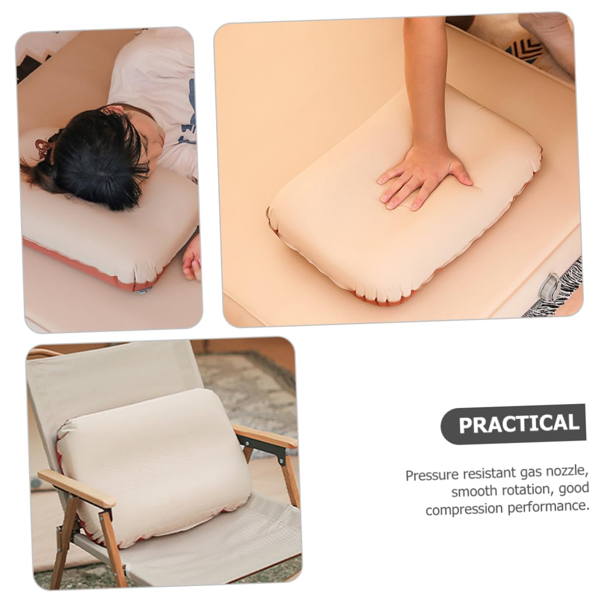 Mikikit Oreiller Gonflable Ergonomique de Voyage, Mousse et Polyester Pongé, Facile à Dégonfler, pour Camping et Maison, Beige